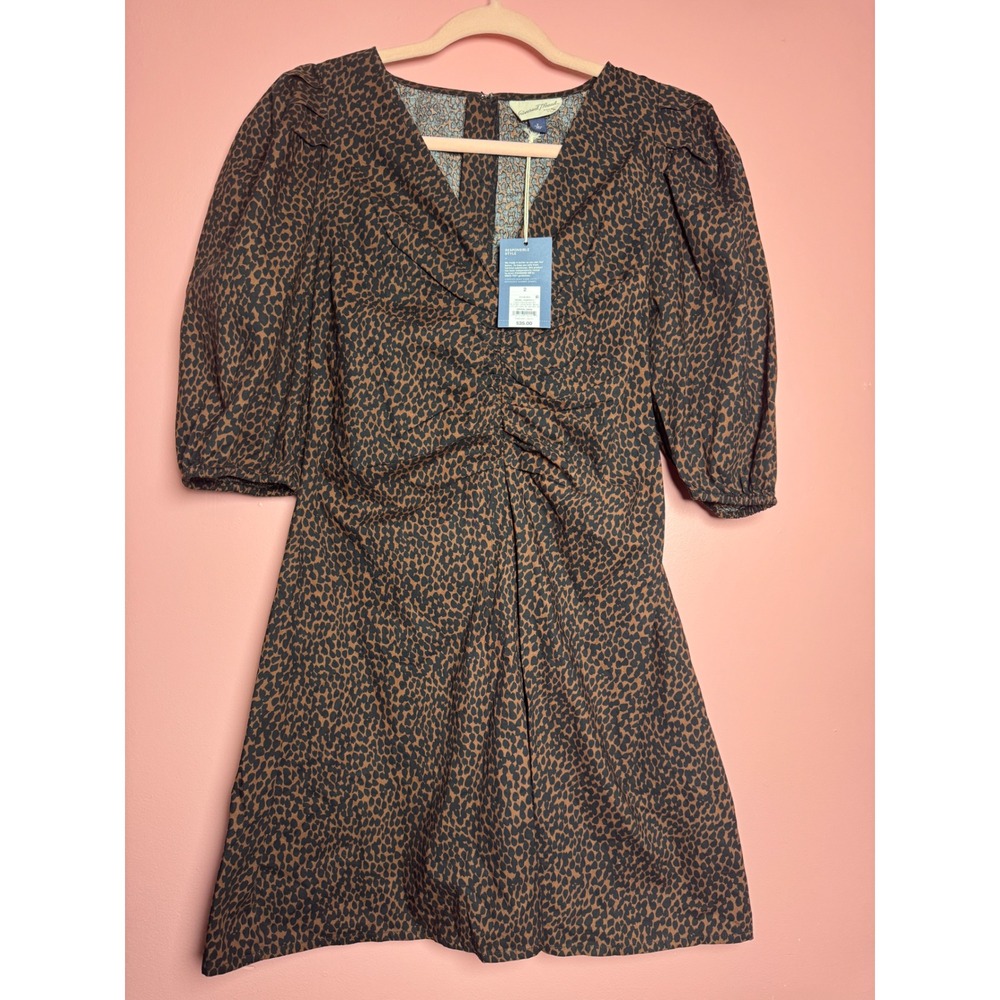 Universal Thread Womens Leopard Print V-Neck Puff Sleeve Mini Dress Brown Size 2